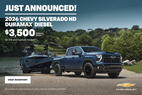 2026 Chevy Silverado HD Duramax Diesel. $3,500 Bonus Cash on LTZ and Custom models.